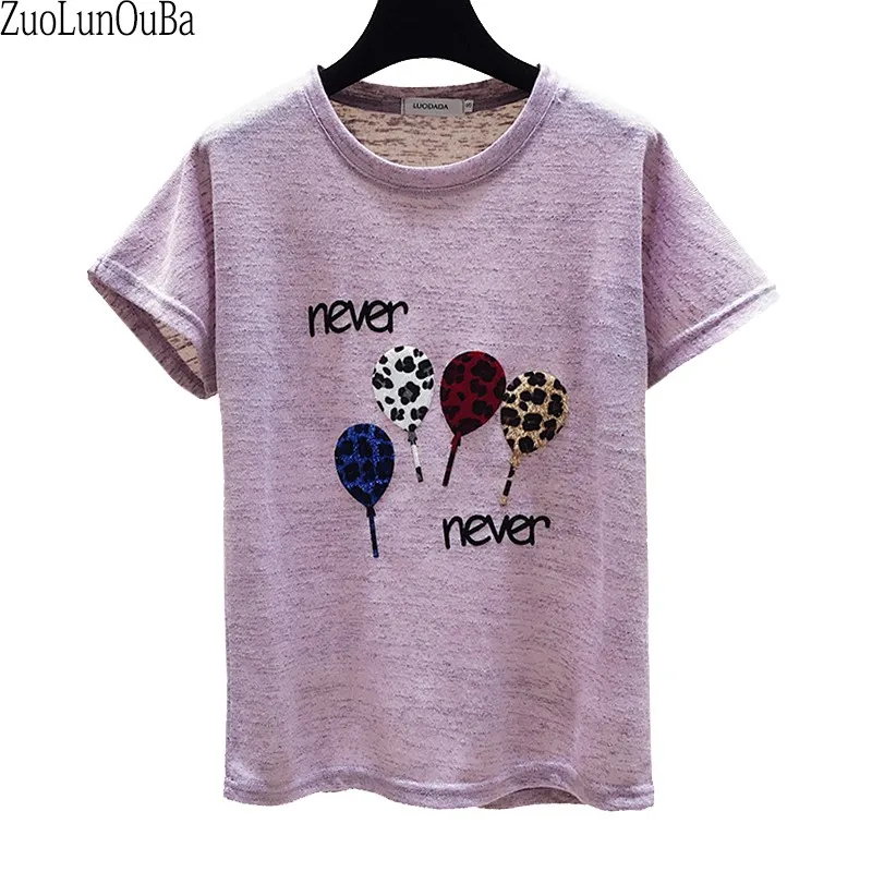 

ZuoLunOuBa Summer Short Women T Shirt Ice Silk Patch Leopard Print Lollipop Loose Tees Fashion The New Arrival Female Tops