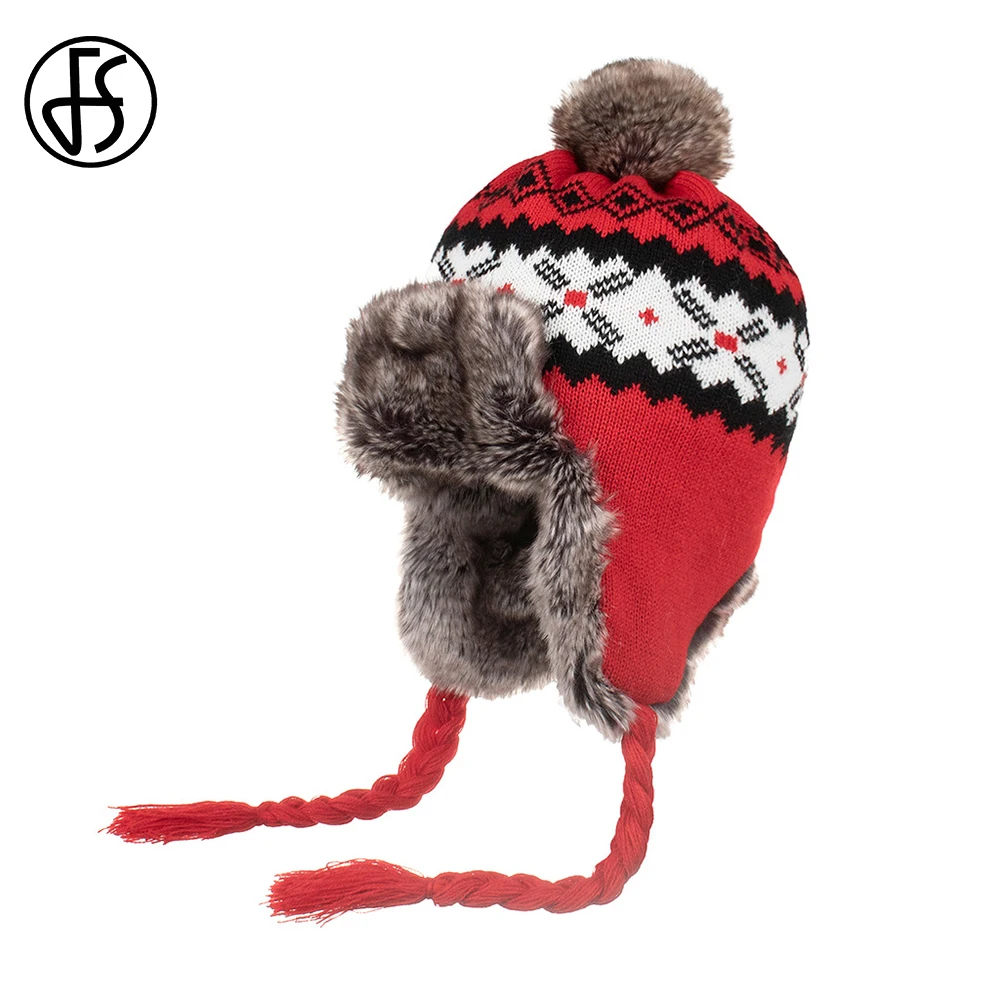 FS Gray Red Knit Women Winter Earflap Hat Warm Woolen Trapper Bomber Hats For Men Outdoor Windproof Russian Cap With Fur Pompom