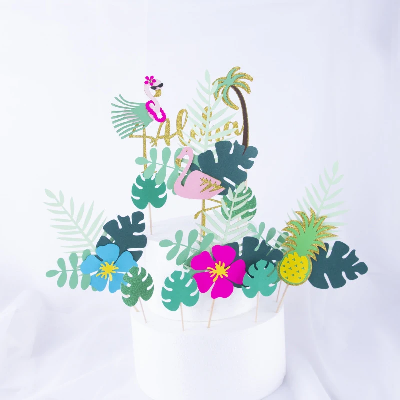 Tropical Leaves Cupcake Toppers Flamingo Cake Topper Happy Birthday Dessert Cake Decoration Hawaiian Luau Party Wedding Supplies