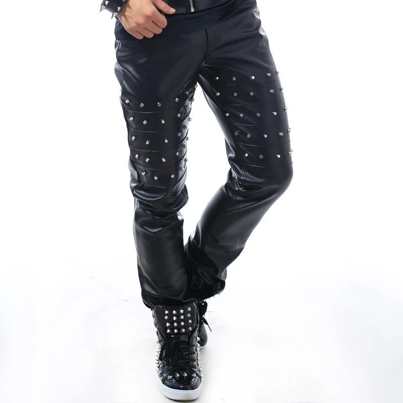 Male trousers ds costume singer pants male dj slim trousers punk rivet pants for dancer star fashion men nightclub party bar