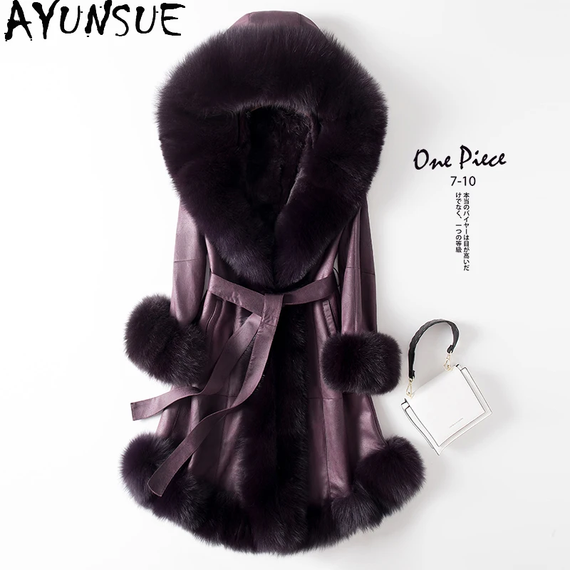 Ayunsure-abrigo de piel de conejo Natural para mujer, chaqueta elegante de gama alta con capucha de cuello de piel de zorro Real para invierno 2021, Gxy521