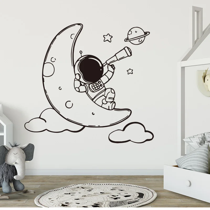 Astronaut Space Moon Cosmonaut Wall Sticker Sky Astronomy Star Moon Telescope Wall Decal Nursery Kids Room Vinyl Decor