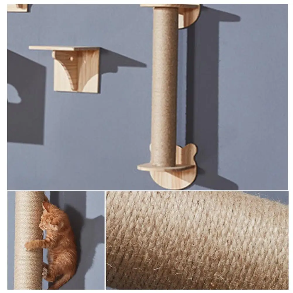 Wall-Mounted Cat Scratching Post Solid Wooden Platform With Hemp Rope Column Cat Toy Scratcher Scratching Board