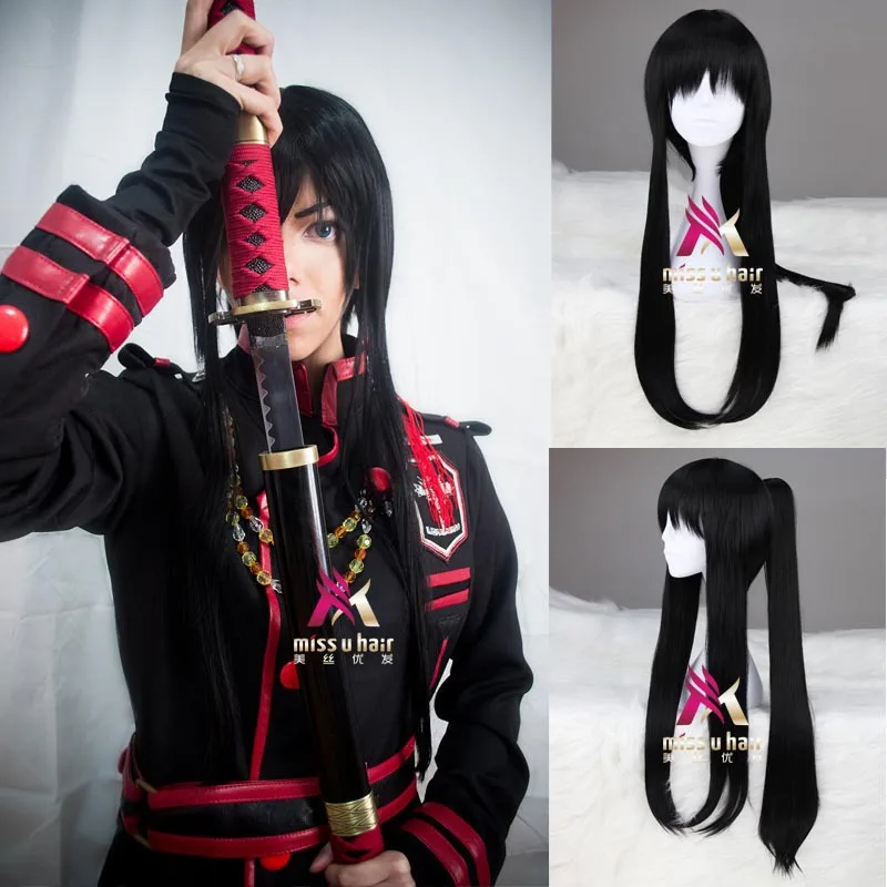 new Synthetic Long Black D.Gray-man Yu Kanda Cosplay Wig halloween party Hair With One Ponytail Male Wigs Bangs+wig cap