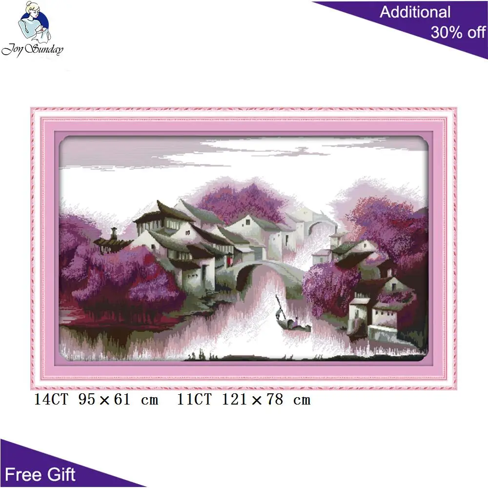 Joy Sunday Beautiful View of Jiangnan Cross Stitch kits, 14CT 11CT Counted and Stamped Handcraft, Purple Dream Home Decor, F318