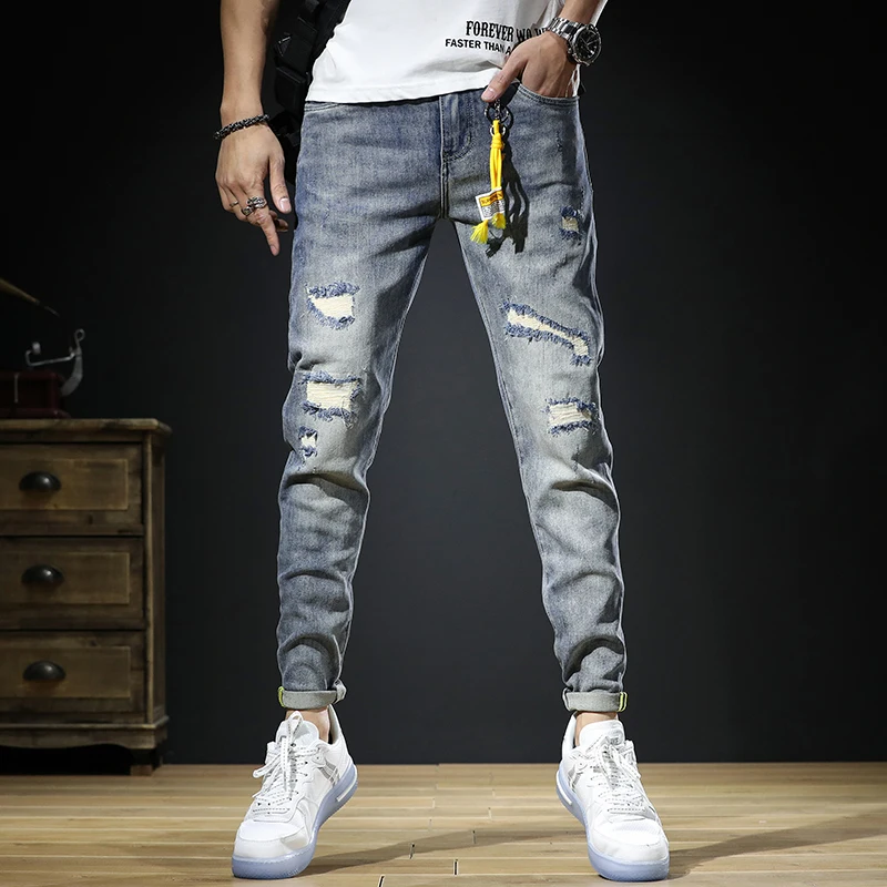 

Ripped Jeans Men Summer Thin Light Blue Stretch Mens Jeans Slim Fit Pencil Pants