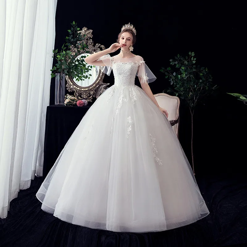 Vestido De Noiva Elegant Simple Applique Lace Wedding Dress O-Neck Short Sleeve Plus Size Bridal Gown Robe De Mariee