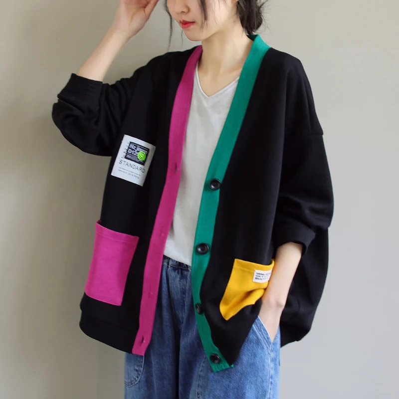 Female new spring Korean style plus size literary color matching fashion short outerwear loose sweater cardigan