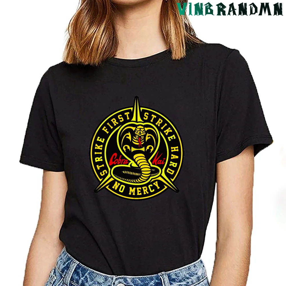 Cobra Kai T shirts women Snake King No Mercy Strike First Strike Hard T-shirts Karate Lady tshirt Girls Black Mamba Tee shirt