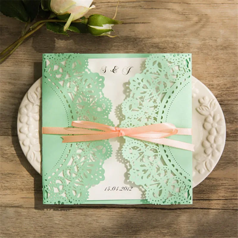 

Mint Green Invitation Laser Cut Romantic Floral Lace wedding card Envelop Customized Printing 50pcs