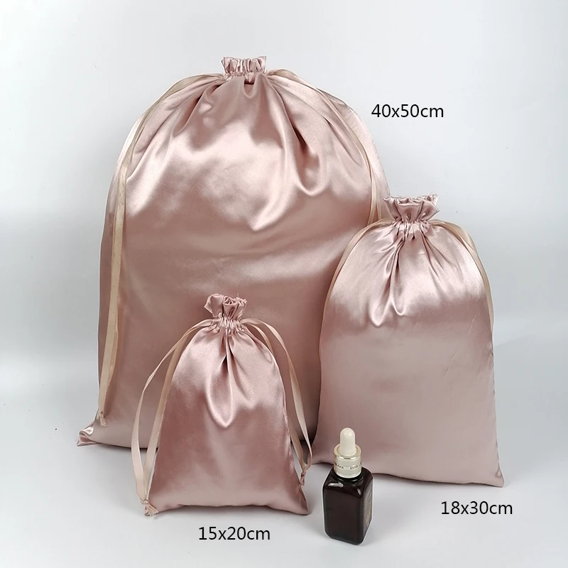 20PCS Individuelles Logo Rose Gold Seide Satin Kordelzug Tasche Make-Up Schuhe Kleidung Reine Haar Extensions Perücken Verpackung Taschen Lagerung – Detail 1