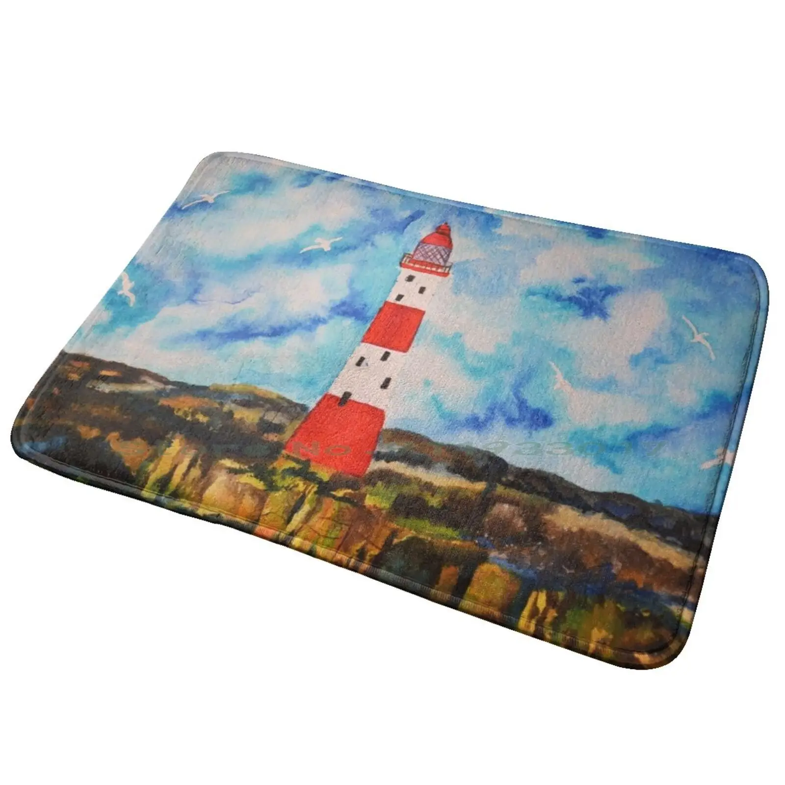 Lighthouse Entrance Door Mat Bath Mat Rug Lighthouse Rocks Red And White Seagulls Blue Seaside Anti-Slip Bedroom Kitchen Foot