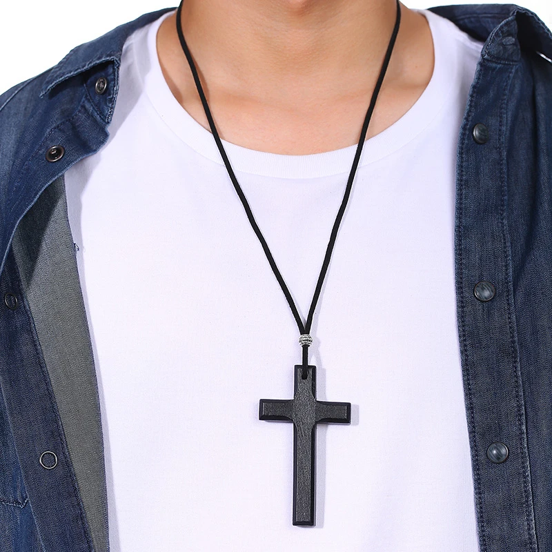 Vnox Mens Woman Wood Cross Crucifix Pendant Necklaces Christian Jewelry with 90cm Rope Cord Chain