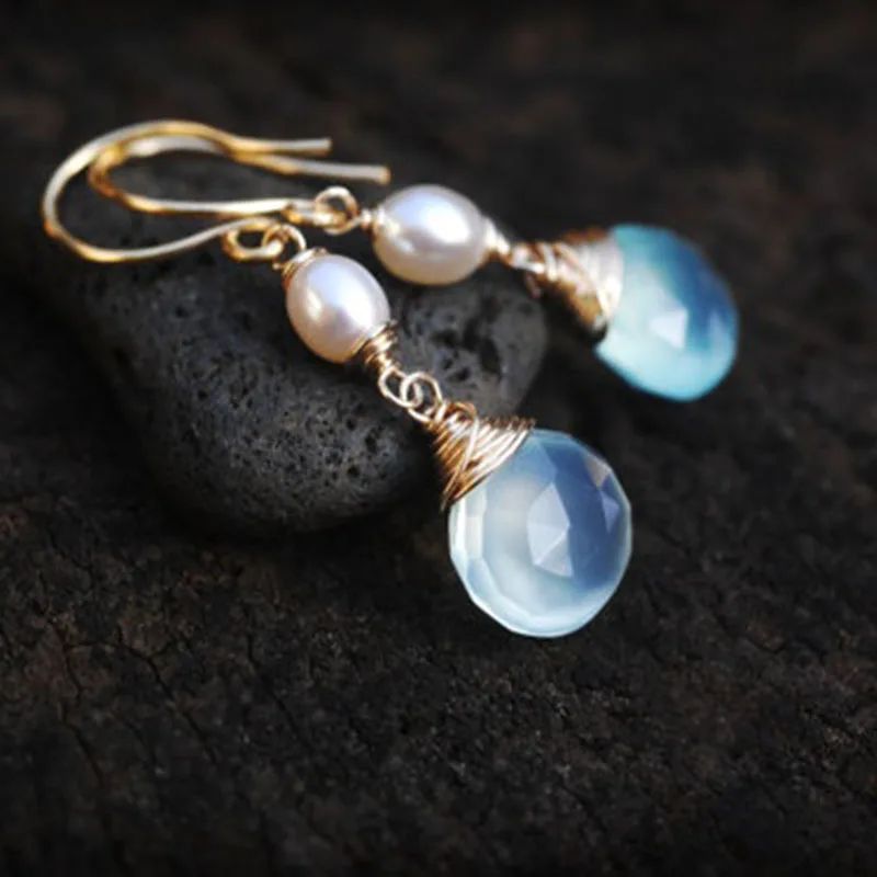 Aqua Chalcedony and petite pearl dangle earrings  Glowing AMAZING natural gemstones earrings