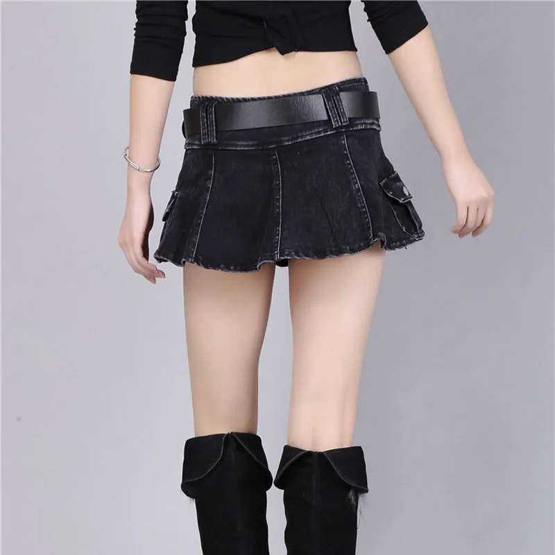 Ultrashort Vintage Denim Low Waist Skirt Women Sexy A Line Skull Belt Hot Skirts 2021 Y2K Stretchy Streetwear Mini Skirt Club