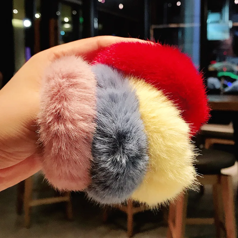 1PC Autumn and winter new cute rabbit hair Sweet girls Cute Double Pom Pom Elastic Hair Band Hair Ropes Hair Accessories