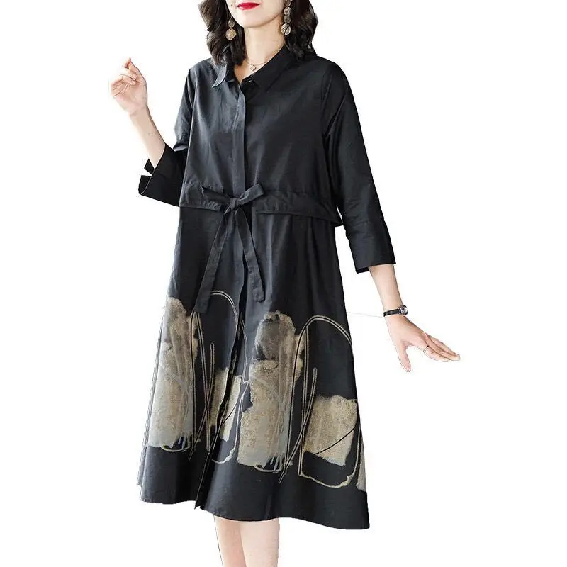 

New 2022 Spring Summer Women's Dresses Loose Trench Coat Women Dress Sundress Mid-Length Elegant Black Shirt Dress Vestidos