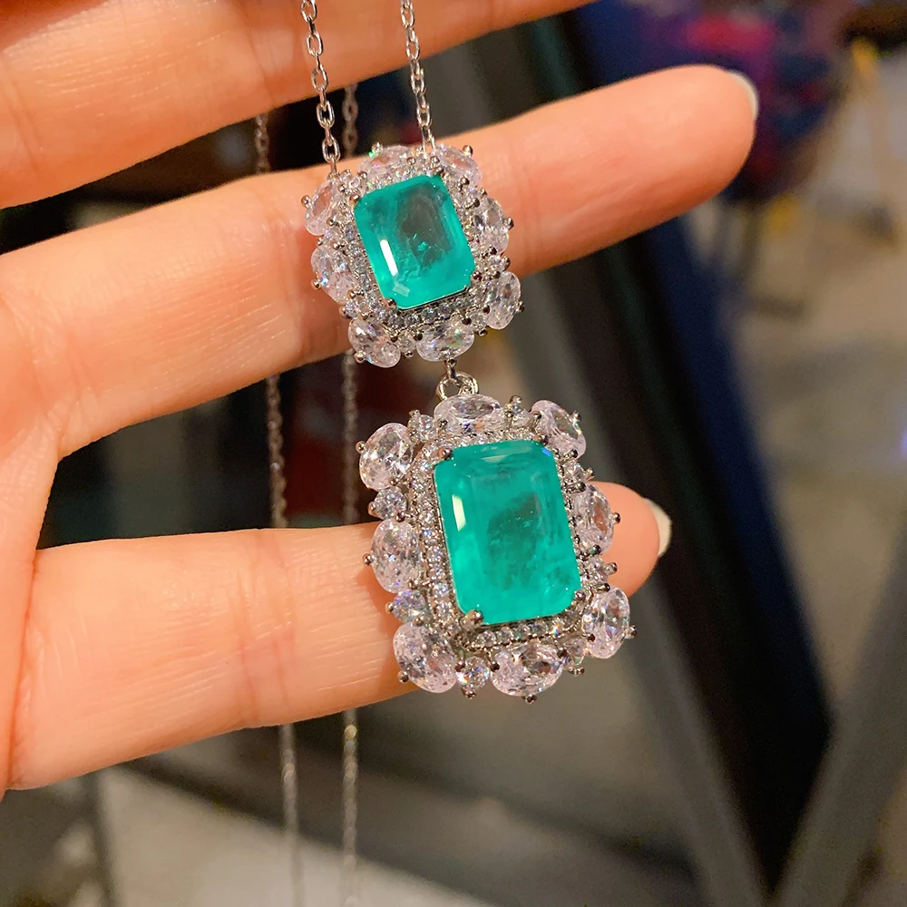 2022 New Paraiba Tourmaline Necklace Pendant Ring Earrings for Women Luxury Diamond Wedding Party Fine Jewelry Set Accessories