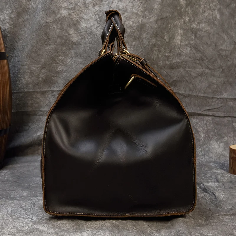 Bolso de viaje de cuero Crazy Horse para hombre y mujer, bolsa de gran capacidad, marrón oscuro, equipaje de fin de semana de piel de vaca