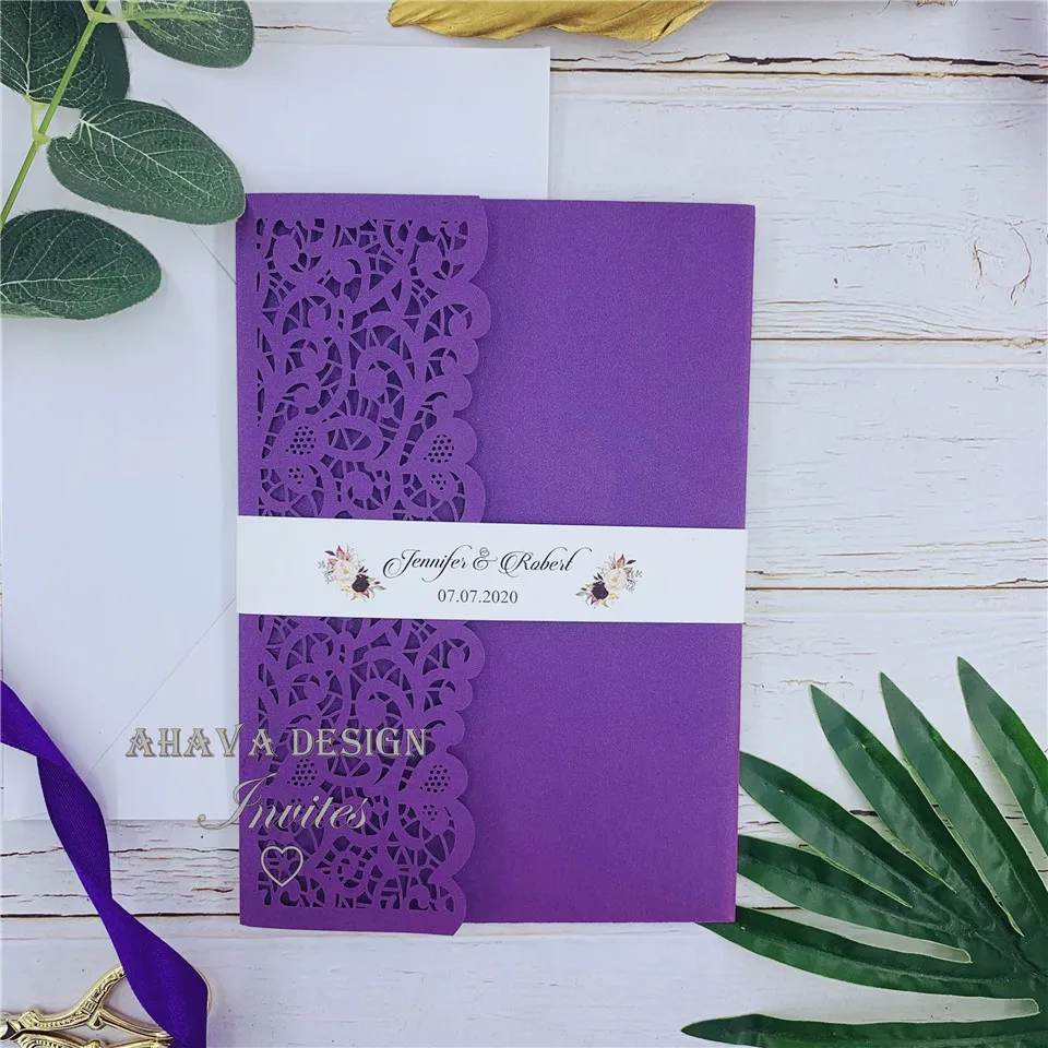 Intricate Purple Lace Laser Cut Tri-fold Wedding Invitation with Personalized RSVP card