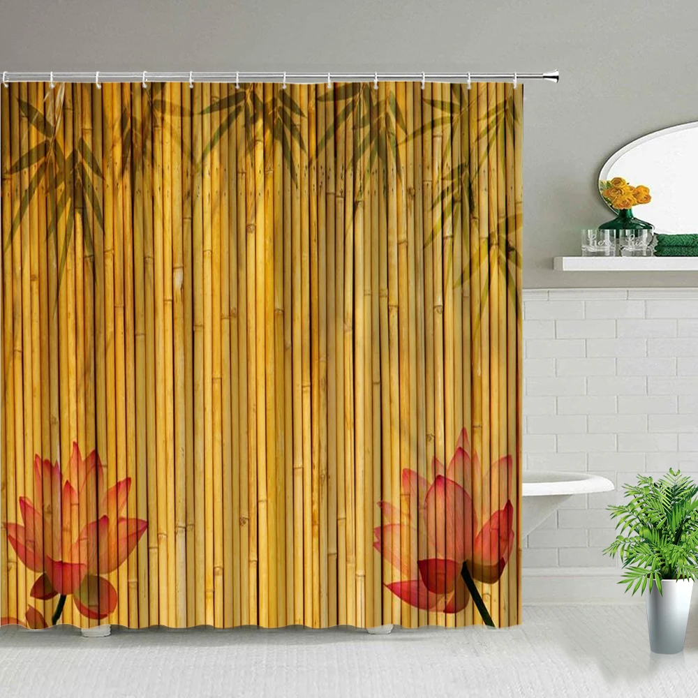 Green Bamboo Shower Curtain Wooden Doors Landscape Bath Accessories Polyester Fabric Cloth Screen Home Bathroom Decor With Hooks