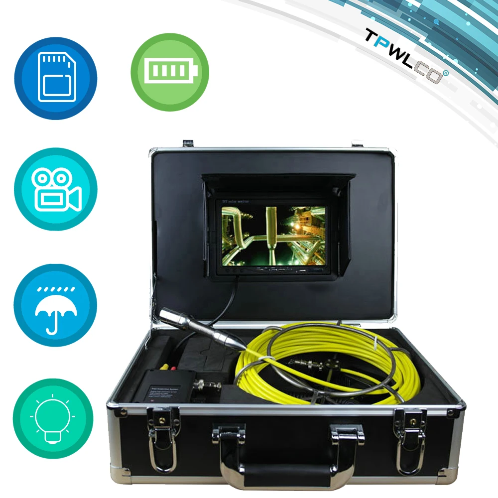 

20-50m Cable Pipeline Drain Sewer Camera DVR 23mm Waterproof Endoscope Inspection System 7inch Monitor 12V4500mAh Battery 12 LED