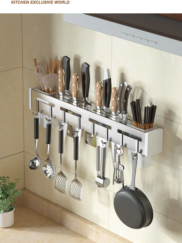 Kitchen Rack Free Punch Hanging Rack Knife Rack Chop Sticks Barrel Household Multi-functional Wall Hanging Knife Rack Hold Shelf