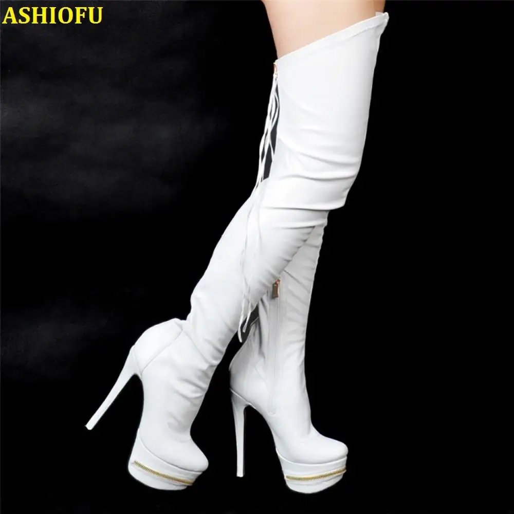 

ASHIOFU New Handmade Women Thigh High Boots Night-club Party High Heel Boots Sexy Platform Evening Fashion Long Boots Shoes
