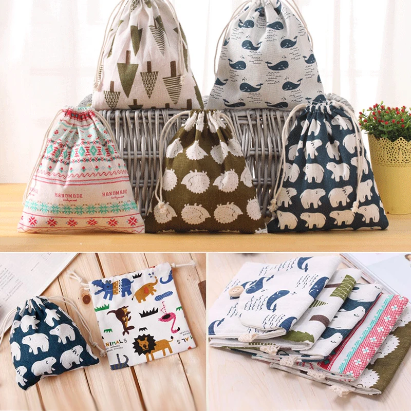 1Pcs Printed Cotton Linen Drawstring Storage Bags For Underwear Shoes Travel Storage Bags Clothes Sundries Organizer 3 Size