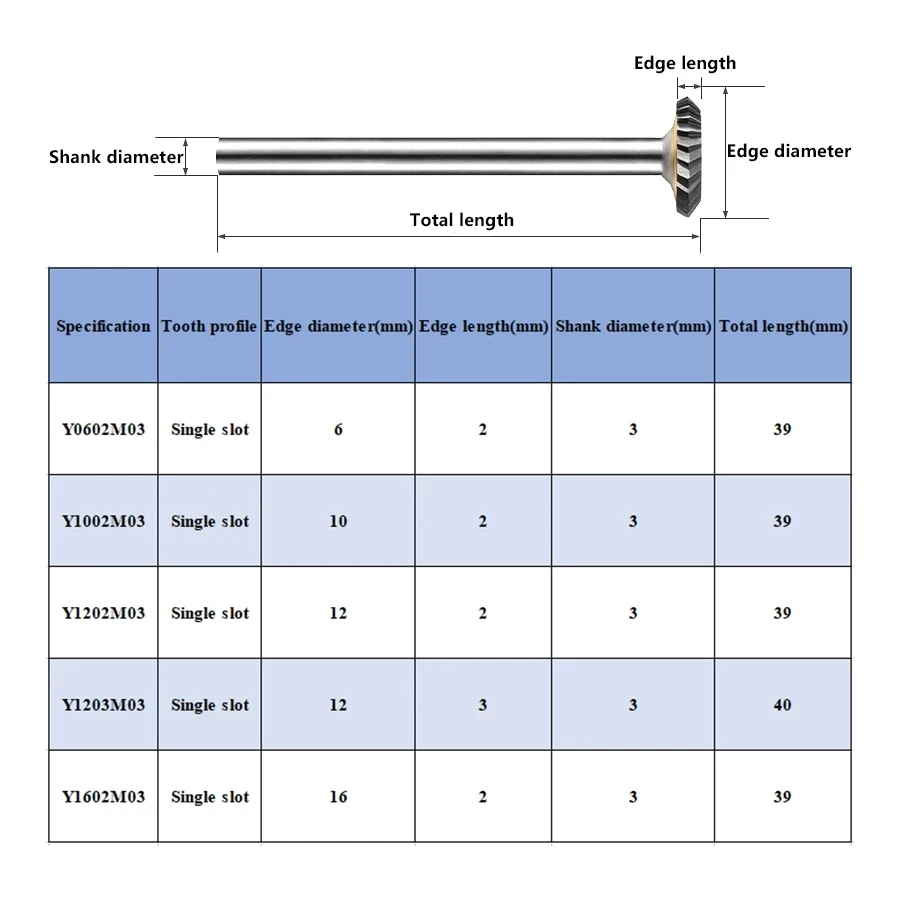 Carbide Y-Type Rotary File Tungsten Steel Milling Cutter Metal Arc Disc Grinding Head Alloy Slotting Knife Y0602M03 Y1202M03 3mm