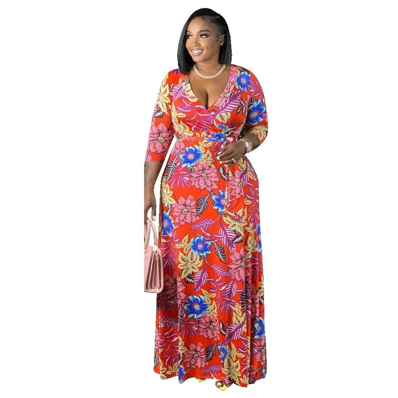 5xl Plus Size Dresses Women Clothing Elegant Fall Maxi Floral Dress with Sashes Ladies Long Sleeve Dress Dropshipping Wholesale