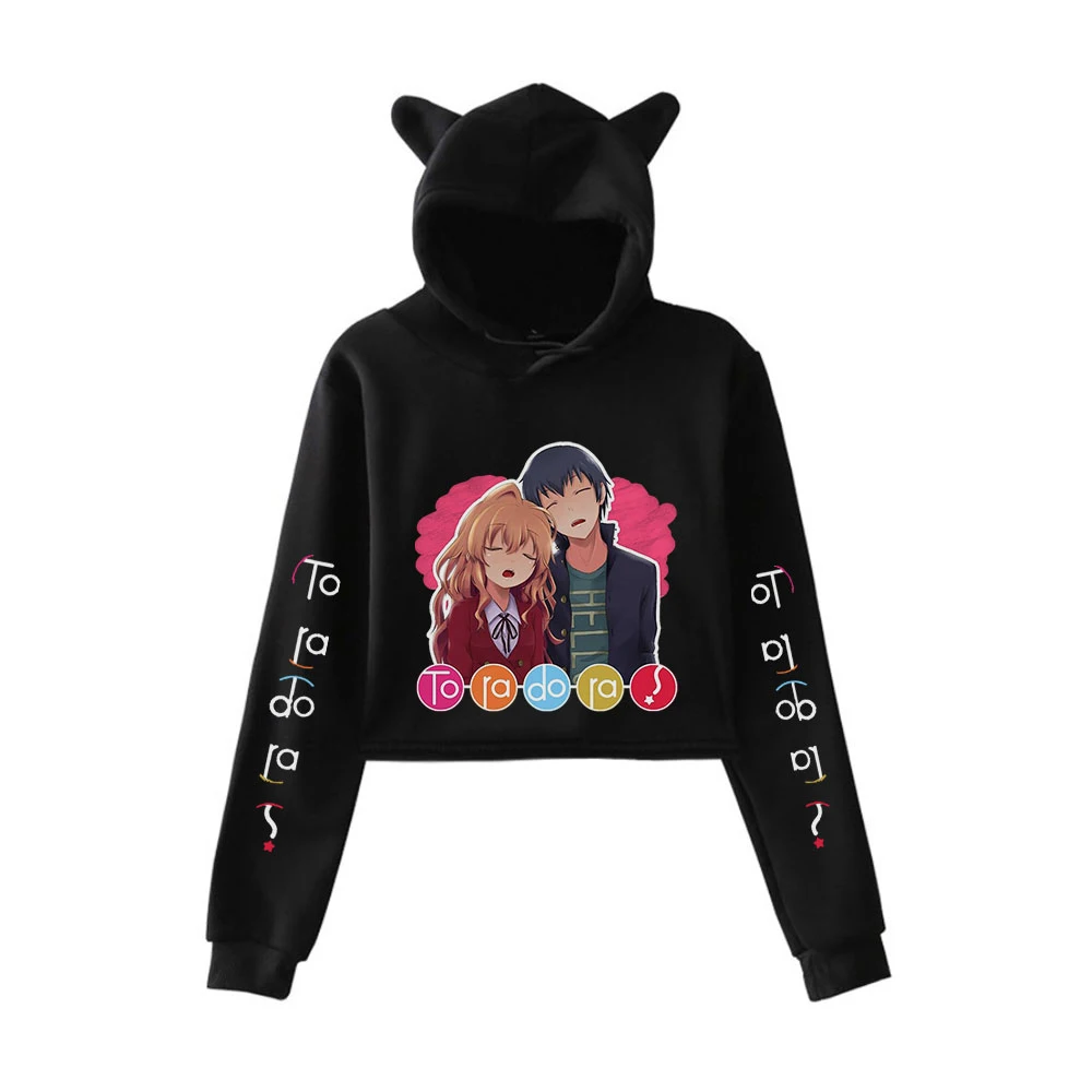 Toradora Aisaka Taiga Print Cat Cropped Hoodies Girl Long Sleeve Hooded Pullover Crop Tops Sweet Sexy Loose Tide