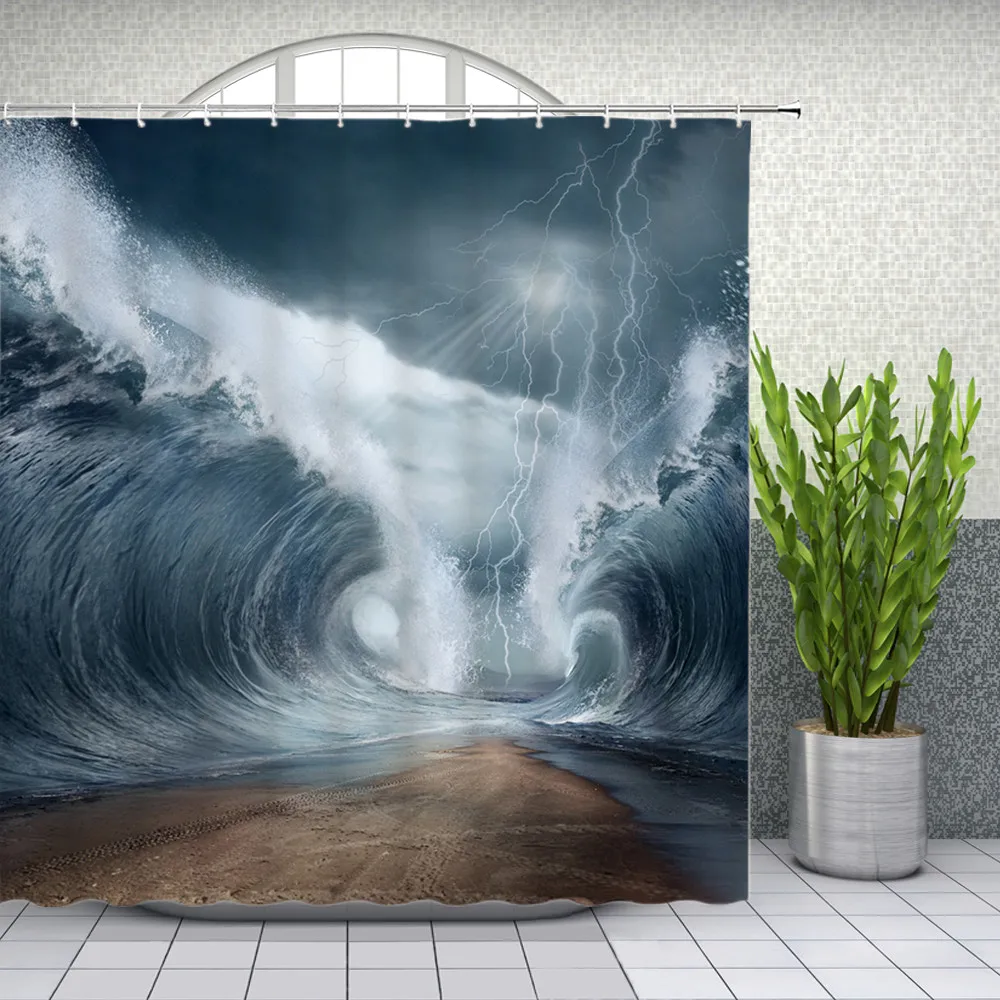 Waves Shower Curtains Disaster Landscape Huge Waves Seawater Bathroom Decor Home Bathtub Waterproof Polyester Curtain Set Cheap