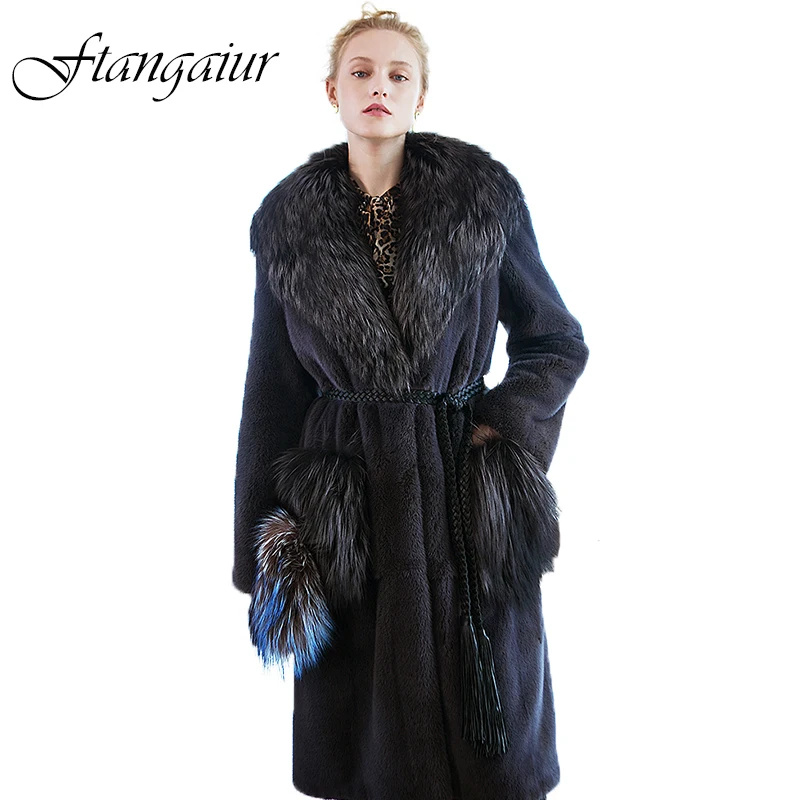 Ftangaiur New Winter Import Velvet Mink Fur Coat With Fox Fur Collar Sashes Mink Coats Women X-Long Loss Real Mink Fur Coats