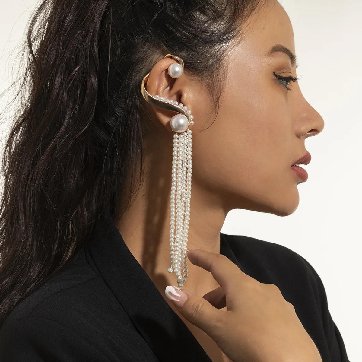 DIEZI One Piece Korean Long Tassel Earrings Girls No ear Piercing Full Pearl Big Clip Earrings For Women Gift Jewelry Ear Cuff
