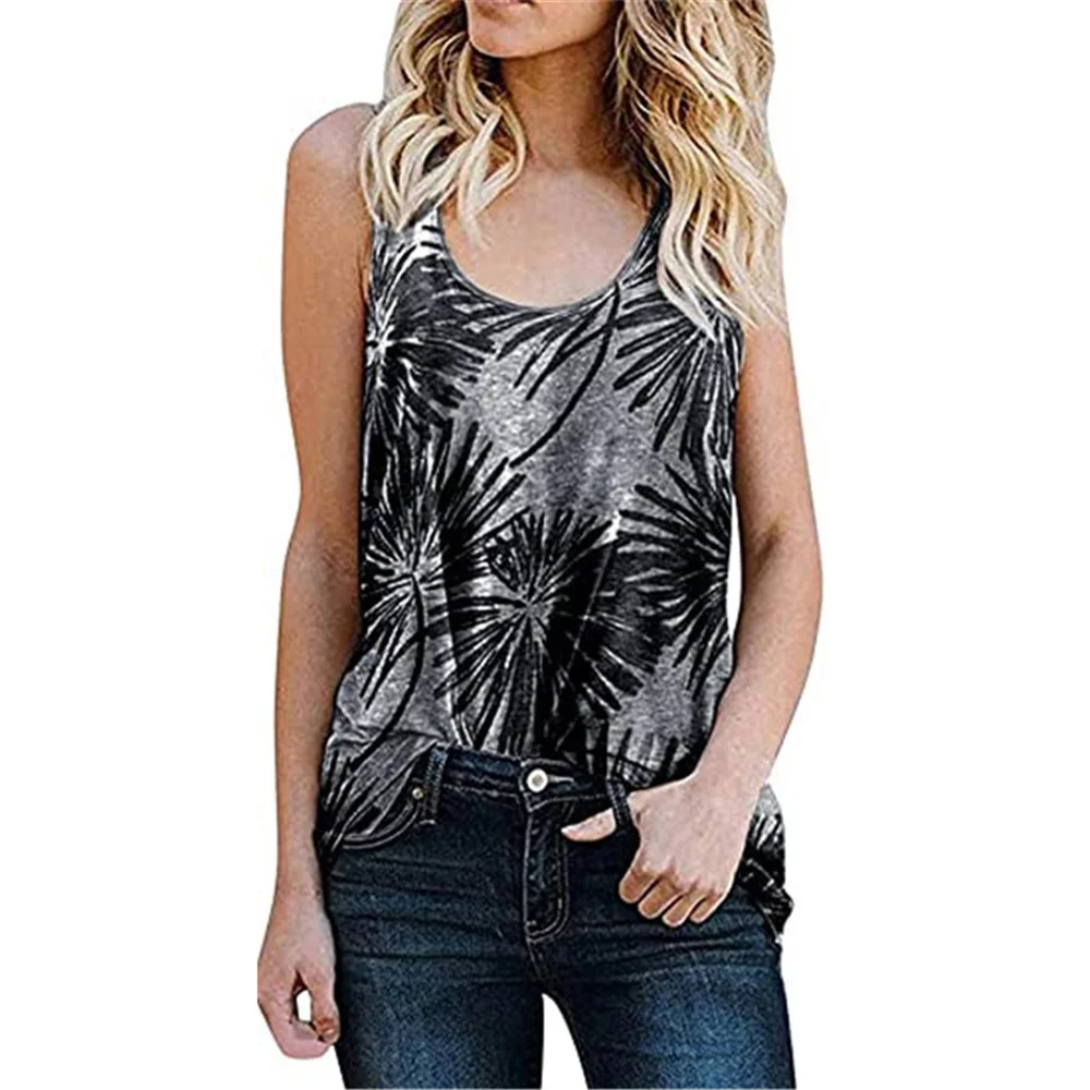 2021 Summer Women's Leisure Sleeveless Vest Round Collar Leopard Flowers Burnt-Out T-Shirt Frock Fashion Loose Street Style Tee