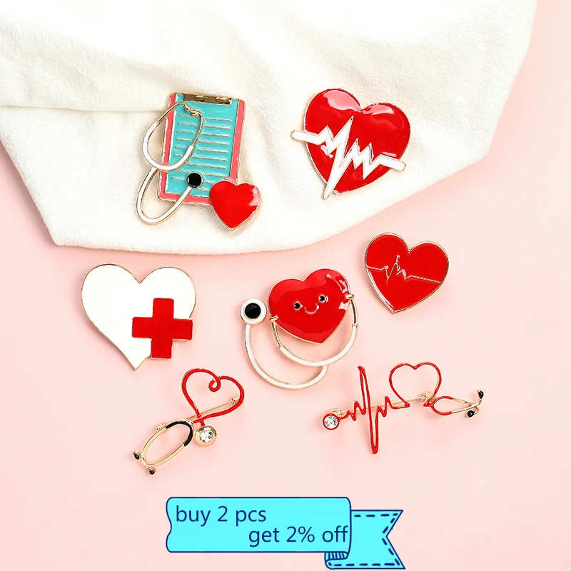 Red Heart Stethoscope Brooch Doctor Nurse Enamel Pins  Electrocardiogram Collar Lapel Pin Unisex Medical Jewelry Graduation Gift