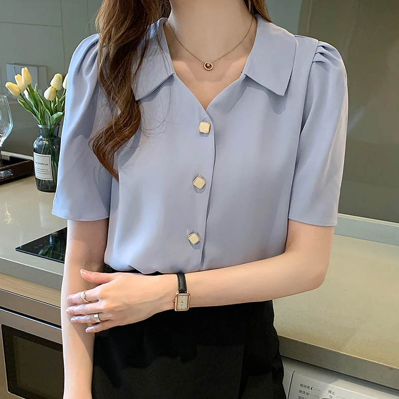 Casual Solid Female Shirts Tops 2021 Summer New Women Chiffon Short Sleeve Blouse Office Lady V-neck Button Loose Clothing S-XL