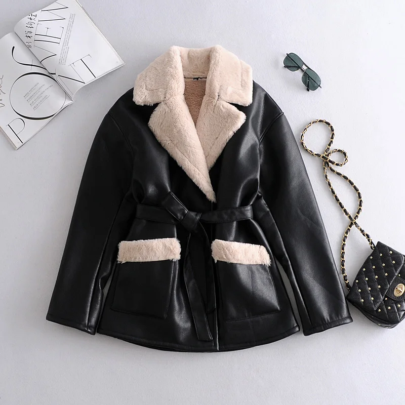 

Nice Chic Hot Winter Women Faux Sheepskin Coats Thicken Faux Leather Lambs Wool Fur Jacket Black Motorcycle Female Outwear Hot