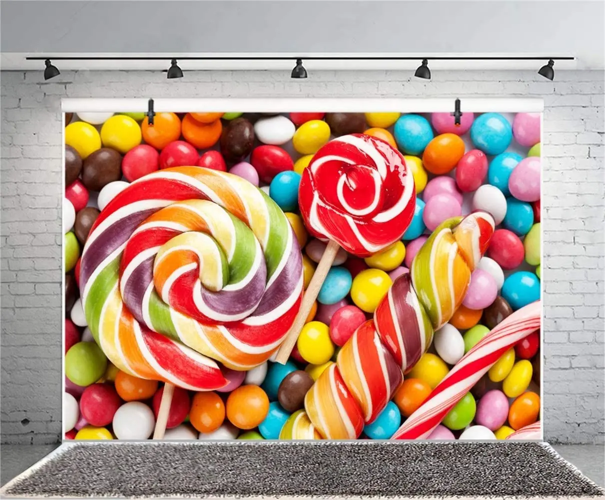 Sweet Colorful Swirl Lollipops Candy Beans Photography Backdrop Child Birthday Party Banner Portrait Shoot Background Poster