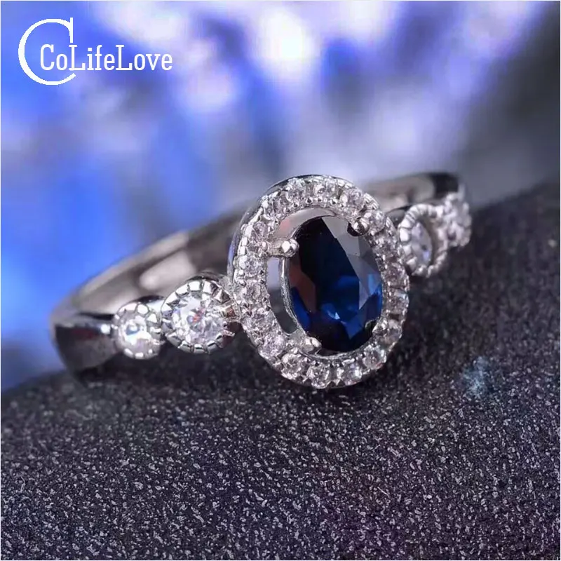 Luxurious Gemstone Silver Ring 4*6 Flawless Natural Sapphire Ring Solid 925 Silver Sapphire Wedding Ring for Woman Romantic Gift