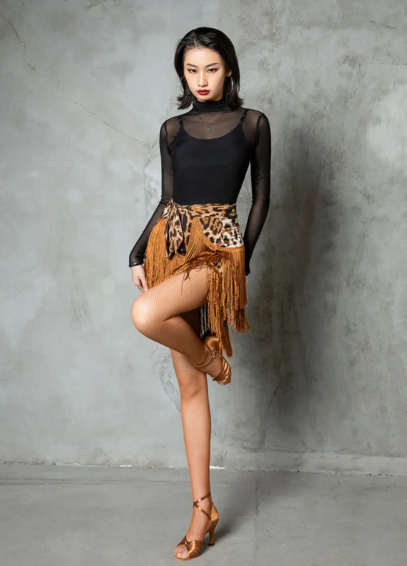 Leopard Latin Dance Dress Fringe Dance Skirt Tassel Hip Scarf Rumba Cha Cha Salsa Performing Costume Women Practice Dance Skirt