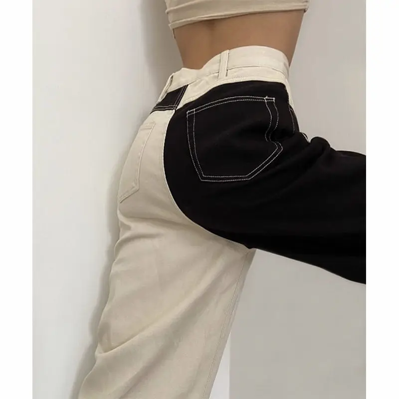 Woman Jeans Pants Black White Stitching Straight Autumn Winter High Waist Baggy Pants Pantalones Vaqueros Mujer