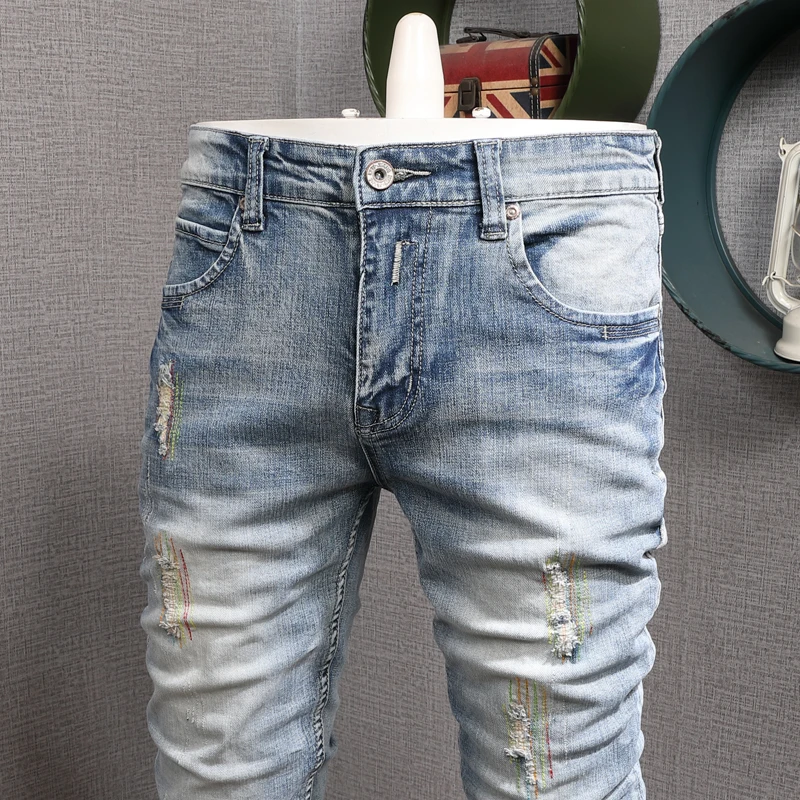 Mens Classic Vintage Light Blue Ripped Jeans Men Fashion Korean Style Embroidery Straight Slim Fit Denim Pants