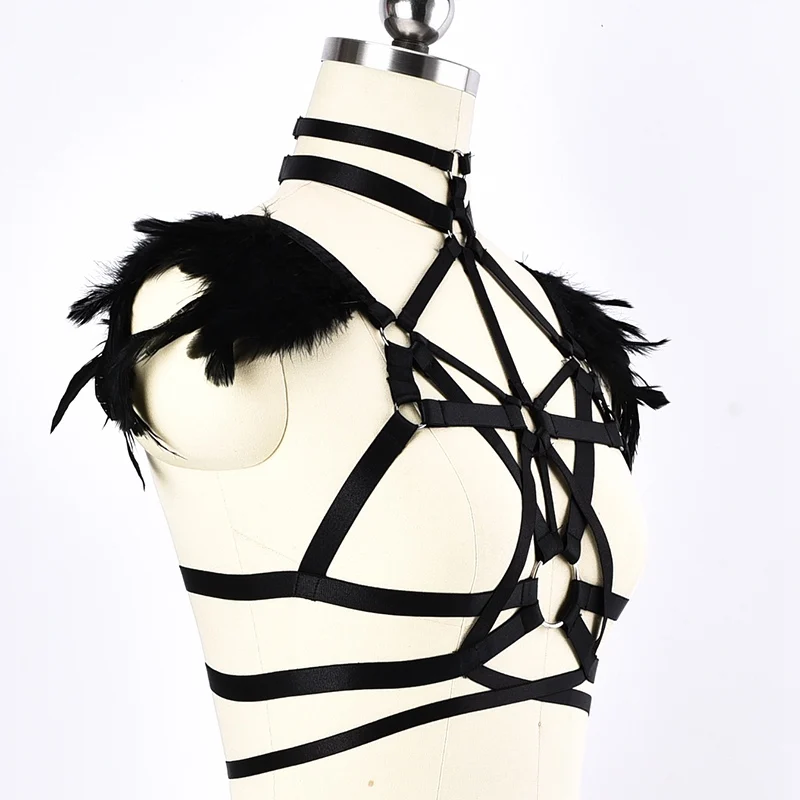 Wholesale feather Sexy Lingerie Bra Body Harness Belt Bondage Belt Punk Crop Top Body Cage Bra Women Rave Gothic Accessories