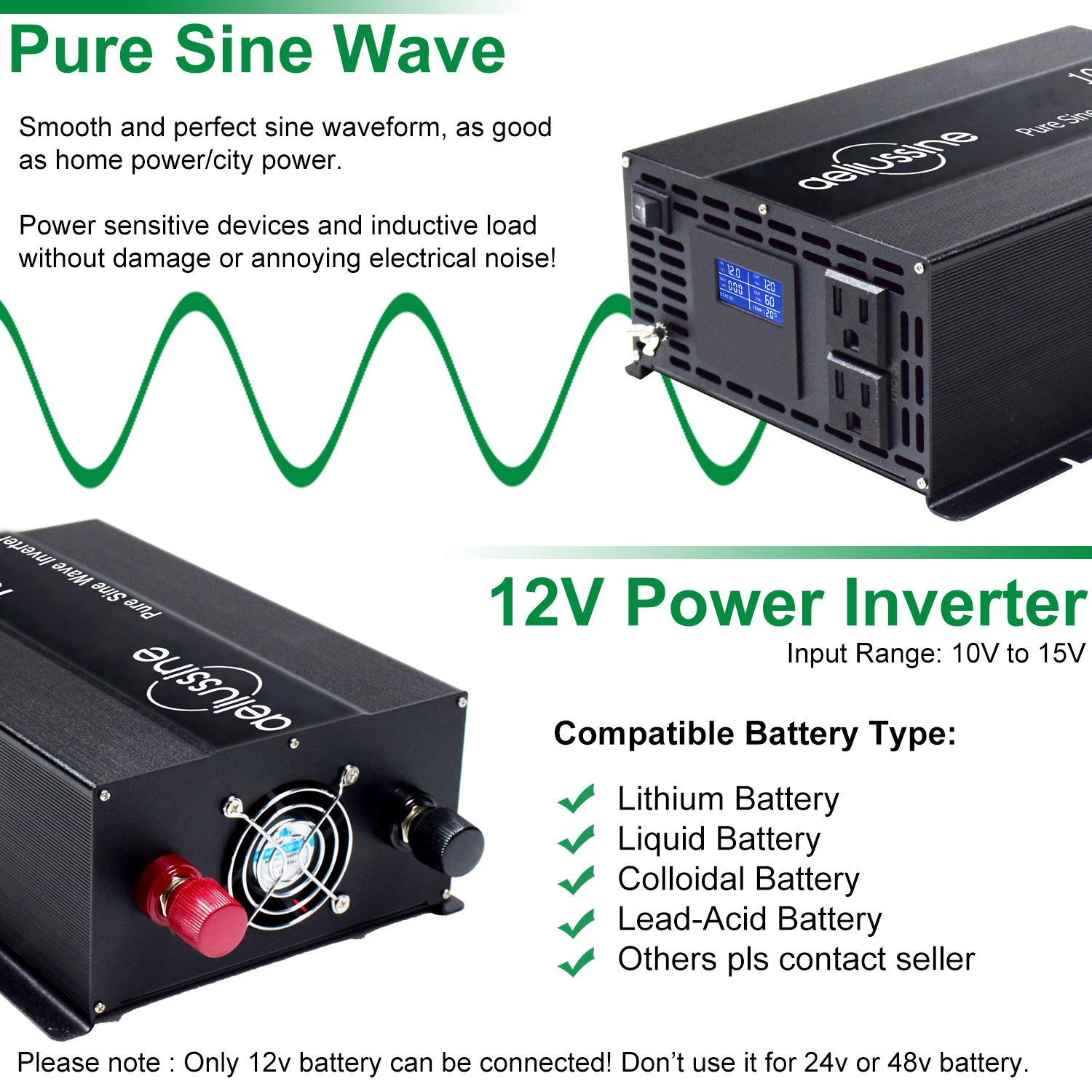 2000W Peak Pure Sine Wave Solar Inverter Power 1000W 12V/24V/36V/48V DC to 120V/220V/230V/240V AC Voltage Converter LCD Display
