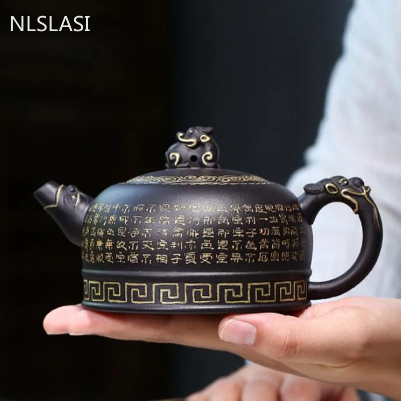 

Yixing Handmade Tea Pot Text Pattern Purple Clay Teapot Raw Ore Black Mud Beauty Kettle Chinese Tea Ceremony Customized 290ml