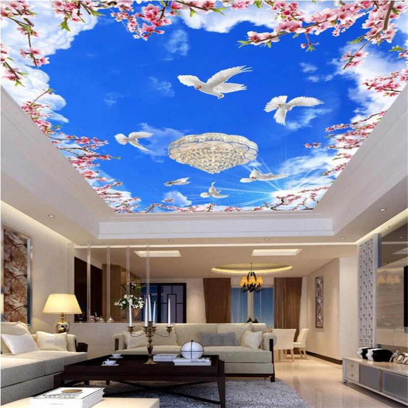 

wellyu Custom Wallpaper 3d murals Blue Sky White Cloud Flower White Pigeon Ceiling Zenith Mural Living Room Hotel 3d wallpaper