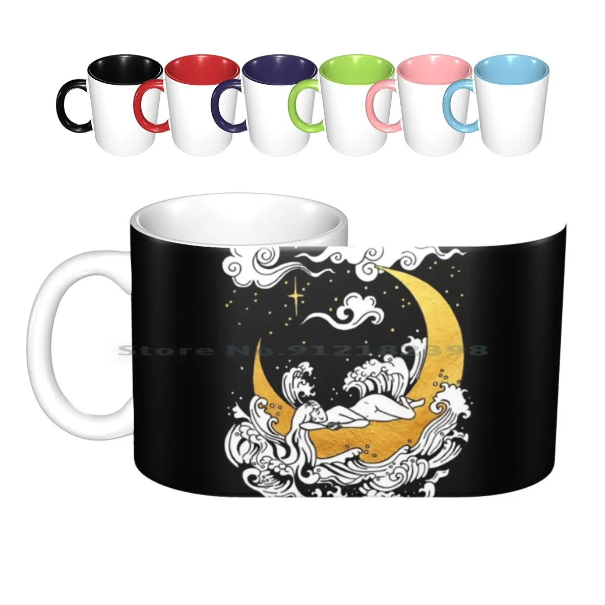 Golden Moon Boat Flowing Through The Waves Of The Ocean , Caring A Girl Under Night Sky Drawing Illustration Ceramic Mugs