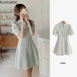 Japan Korea Chic Design Date Girls Women Summer Short Sleeve Preppy Style Single Breasted Button Solid Cute Mini Shirt Dress